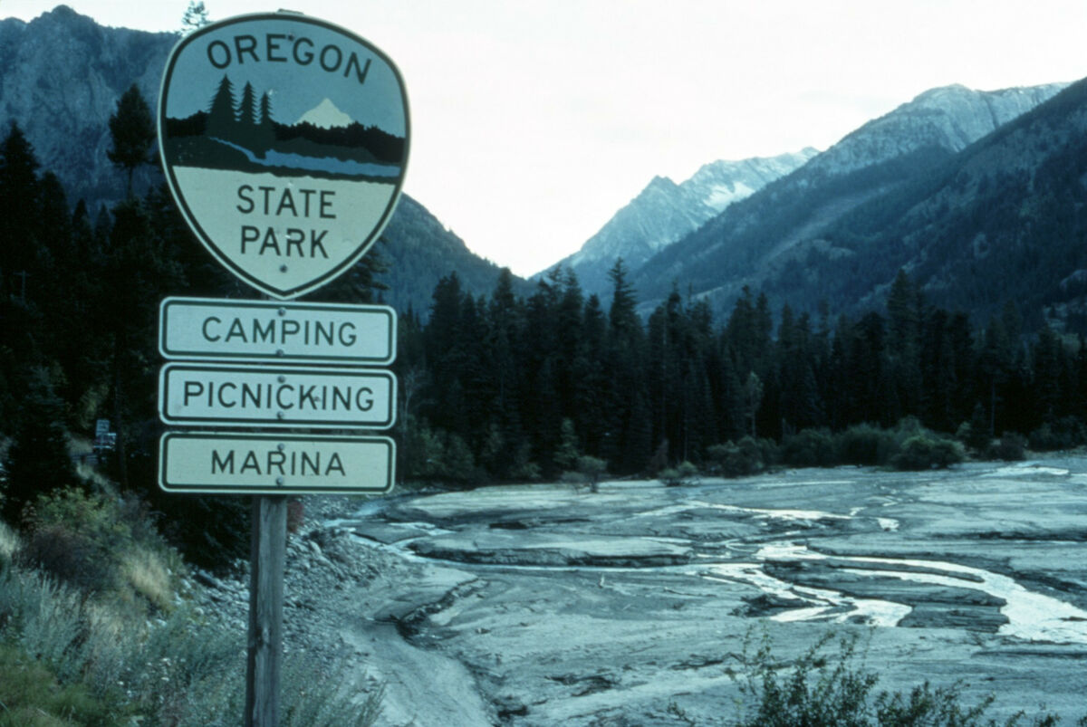 Wallowa Lake State Park road sign on the highway on the east side of Wallowa Lake. Taken by Janie Tippett.